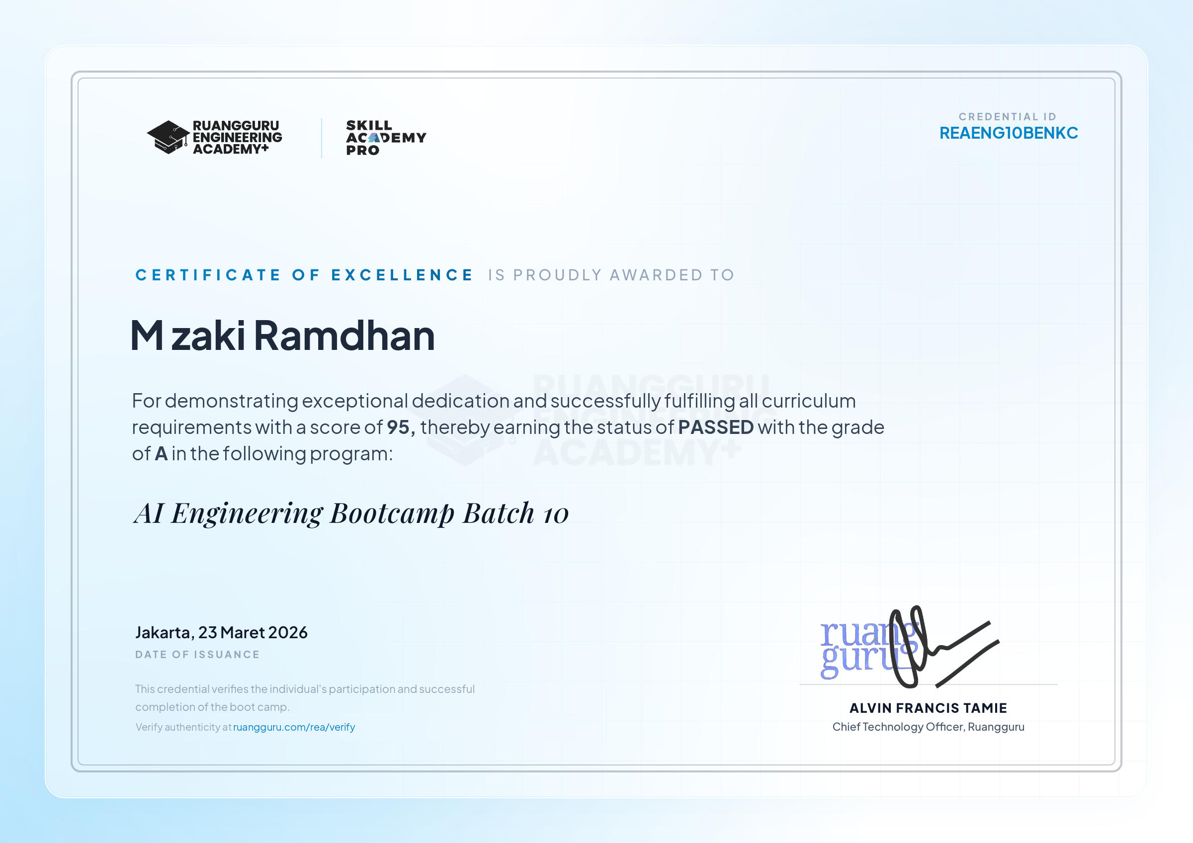 Certificate of Excellence, Ruangguru AI Engineering Bootcamp